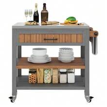 Garden Cabinet With Wheels And Stainless Steel Worktop – Mobile Tool Cabinet With Drawer And Shelf, Weatherproof Sideboard With Double Shelf And Towel Rack, Barbecue Station - Natural - View 11