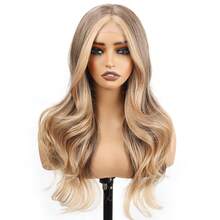 棕金色波浪假发，13x4英寸高清蕾丝修剪长卷合成假发，预修剪发际线耐热无胶假发，24英寸挑染蕾丝修剪日常假发 - 挑染棕色 - 查看 9