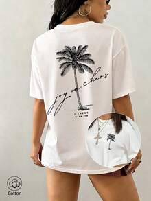 Beach Coconut Tree Print Women's Round Neck Loose T-Shirt, Summer Vacation Travel Beach, Casual Sports Elegant - White - View 2