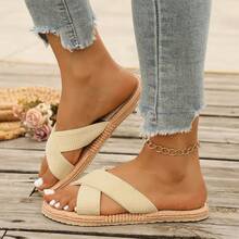 女士亚麻布套脚拖鞋，编织纹理，1.5厘米鞋跟，防滑，耐穿，休闲，适合度假、海滩、夏季穿着，平底凉鞋 - 米色 - 查看 3