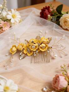 1pc Light Pink Flower & Pearl Handmade Hair Comb Accessory For Women - White - View 13