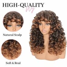 Tóc giả xoăn bồng bềnh cỡ lớn 18 inch dành cho nữ, có mái, chất liệu tổng hợp mềm mại, kiểu tóc xoăn tự nhiên thời trang cho dịp Giáng sinh. - Màu nâu ombre - Xem 5