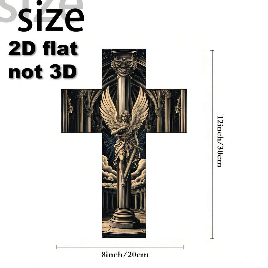 1 件哥特式基督教木制十字架墙饰 - 20.32x30.48 厘米，黑金宗教艺术品，饰有天使和彩色玻璃图案，2D 平面再生木标志，适用于家居、教堂、圣诞节、复活节、感恩节 - 理想的节日礼物，2D 平面 - 復古的 - 查看 1