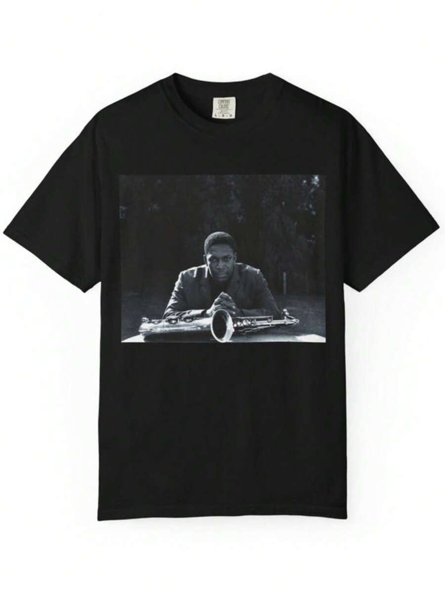 Man With Saxophone Photo T-Shirt _ Black And White Jazz Portrait - 黑色 - 查看 1