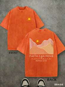 Faith Can Move Mountain Unisex Washed Christian Shirt, Christian Scripture T-Shirt, Vintage Retro Washed Shirt Double Sided Printed (230 Heavyweight Pure Cotton T-Shirt) High Quality Christian T-Shirt, Christian Gifts, Men's And Women's Shirts, Comfortable, Fashion Christian Shirt, Street Style Pure Cotton Fall Shirtwinter Clothes For Women - 橘色 - 查看 3