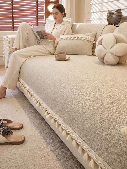 1pc All-Season Jacquard Linen-Like Sofa Cushion Cover, Minimalist Modern Style Pet-Friendly Anti-Dirty Anti-Slip Sofa Protector, Spring/Autumn Cat Scratch Resistant Sofa Cover For L-Shaped Combination Sofa And 1/2/3/4 Seat Sofa (Single Piece Sold)