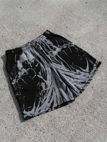 FRACTYR 男士夏季休闲街头时尚红黑荆棘死亡金属图案宽松透气印花短裤 - 黑色 - 查看 7