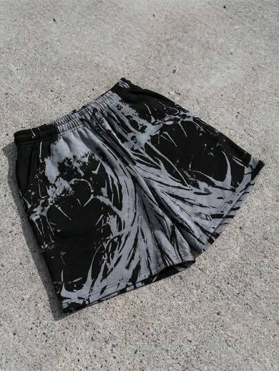  FRACTYR 男士夏季休闲街头时尚红黑荆棘死亡金属图案宽松透气印花短裤