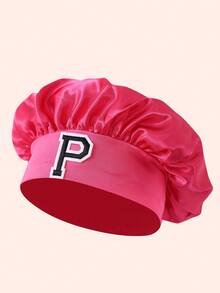 1pc A-Z Letter Satin Elastic Wide Brim Hat For Kids - Tight Sleeping Cap, Hair Care Design, Soft Breathable Structure With Anti-Slip Lining - Black Label - Rose Red Cap - View 8