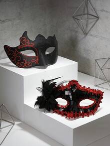 2件套高端情侣化妆舞会威尼斯狂欢节派对道具浪漫黑色塑料面具套装，男女通用万圣节狂欢节面具套装，金色情侣面具套装 - 彩色 - 查看 6