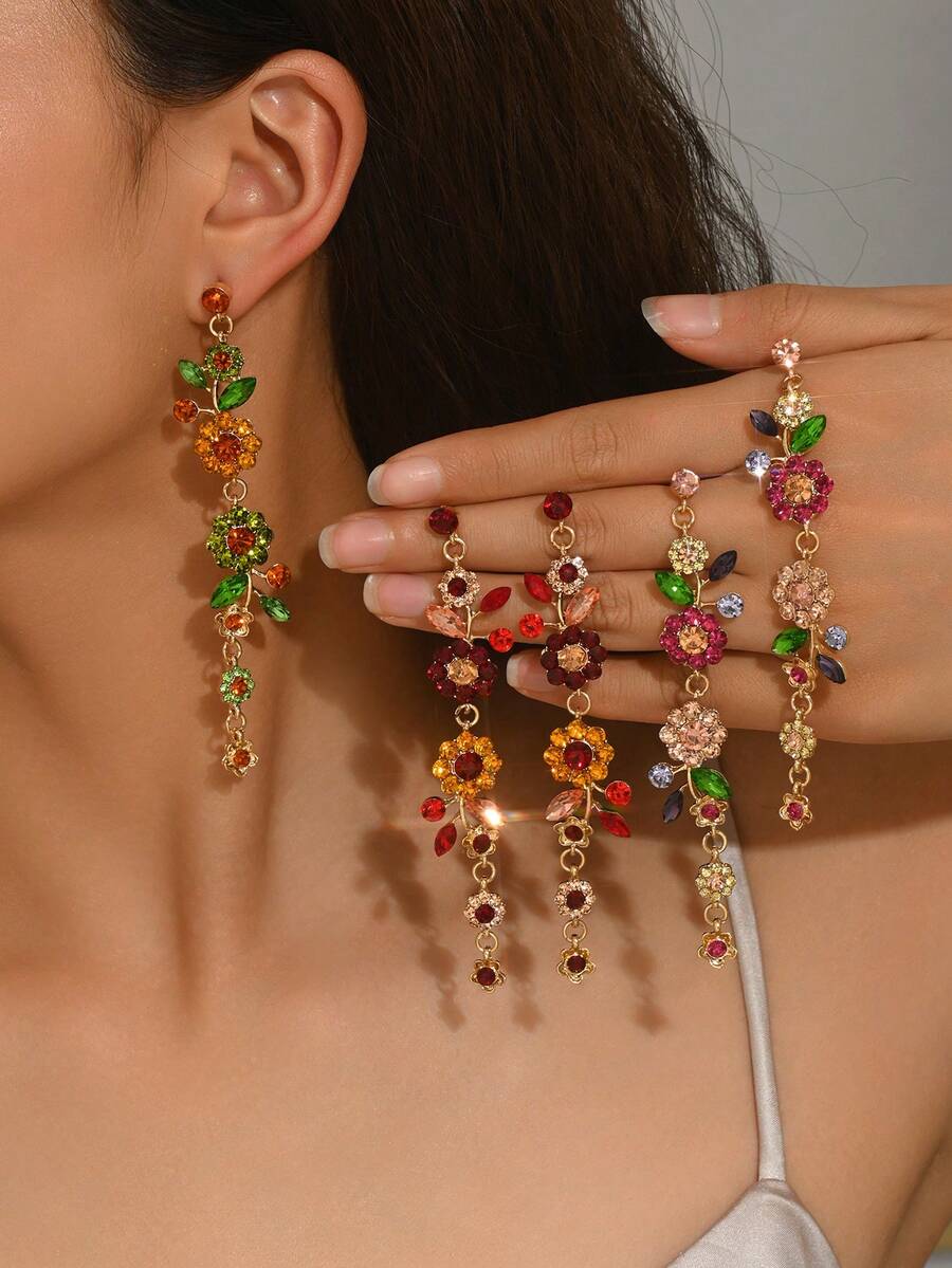 1 par de pendientes de cristal de imitación de moda para mujeres, pendientes ovalados exagerados completamente pavimentados con rhinestones, adecuados para bodas, banquetes, fiestas - Borlas de flores - Ver 1