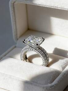 奢华两件套锆石戒指，时尚订婚/结婚礼物珠宝，独特设计 - 銀色 - 查看 8