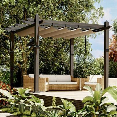10' X 10' / 10' X 13' Outdoor Pergola, Patio Pergola With Retractable Canopy, Metal Gazebo Sun Shade Shelter For Garden Porch Backyard Grape Trellis
