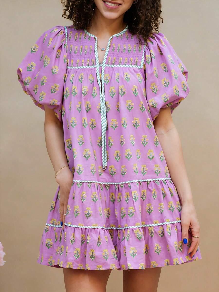 Women Boho Ruffle Sleeve Mini Dress Summer Floral Print Short Sleeve V Neck Cute Babydoll Loose Flowy Dress - 淡紫色 - 查看 1