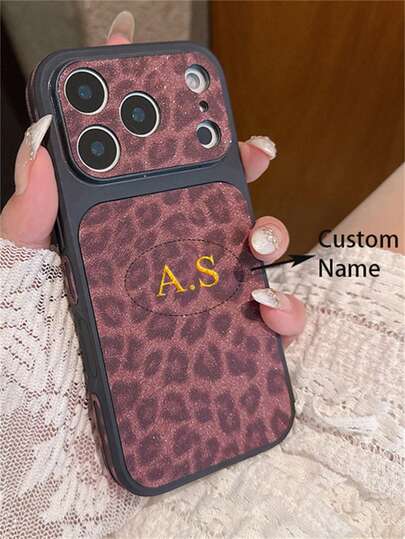 [Customized] Personalized Gold Letter Customized Name Luxury Glitter Leopard Print Faux Leather Phone Case For IPhone 17 Pro Max 17 16 15 14 13 Pro Max 14 15 16 Plus, Shockproof Protective Cover