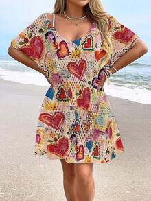 女士休闲镂空印花罩衫泳装连衣裙（不含比基尼） - 彩色 - 查看 5