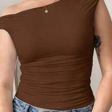 Women's Off-Shoulder Blouse, Blogger Style - Premium Supplex With Double Lining - Rust Brown - View 2