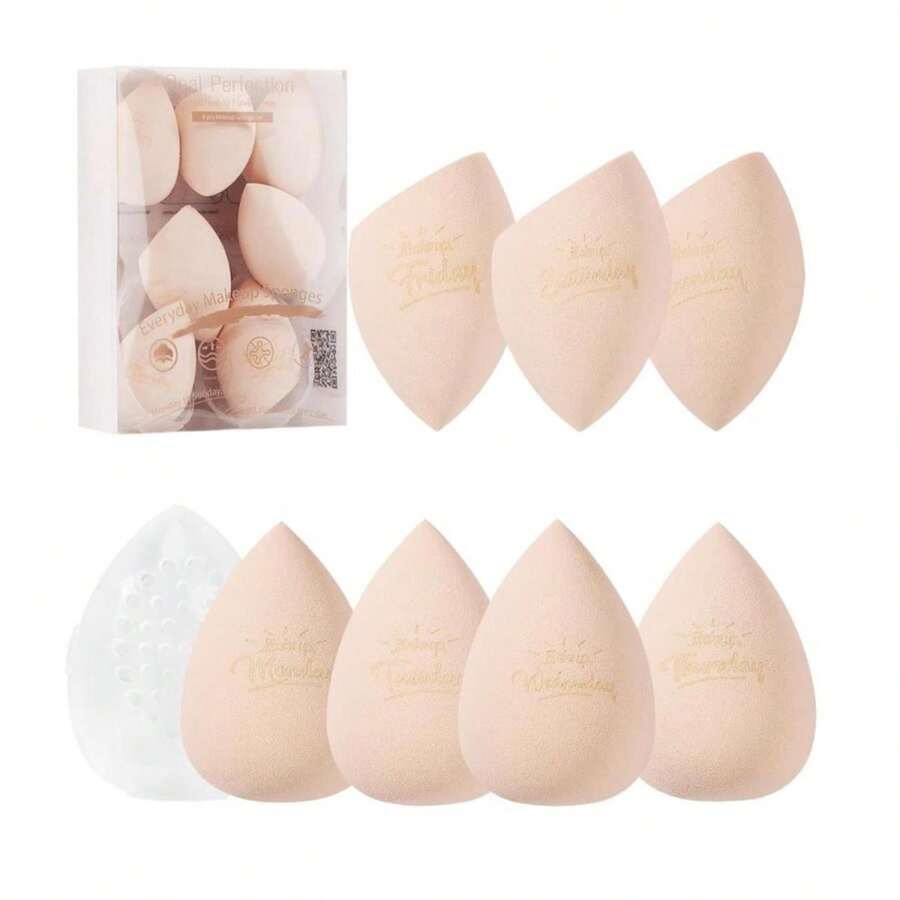 Set de esponjas de maquillaje Real Perfection, esponjas de belleza sin látex, 7 piezas con 1 estuche de viaje para mezclar base líquida, crema y polvo (Beige) - ColorA - Ver 1