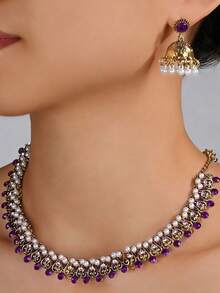 Bộ trang sức 3 món sang trọng đính ngọc trai giả, gồm vòng cổ choker pha lê nhiều màu sắc và bông tai mặt dây chuyền tua rua, thích hợp cho phụ nữ dự tiệc, cưới hoặc mặc hàng ngày. - Mặt dây chuyền ngọc trai - Xem 2