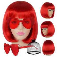 Cyberpunk Bob Wig & Glasses Set - 20+ Neon Colors With Adjustable Fringe | Multi-Tone Synthetic Hair For Cosplay, Rave, Halloween & Daily Bold Fashion (Hot Red/Lime Green/Orange/Light Pink/Plum Purple/Neon Blue/Neon Lilac/Golden Blonde/Black) - 紅色 - 查看 2
