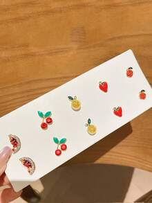 Andkiss Set de 10 piezas de aretes con diseños de cerezas, fresas y naranjas, lindos y dulces - Dorado-Rojo - Ver 3
