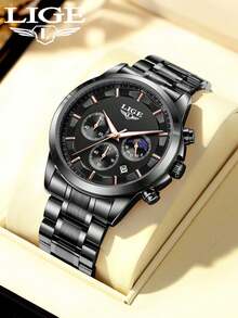 LIGE Men's High-End Watch Waterproof Luminous Quartz Watch Stainless Steel Strap Unique Dial Design Fashionable Men's Watch - Black - View 11