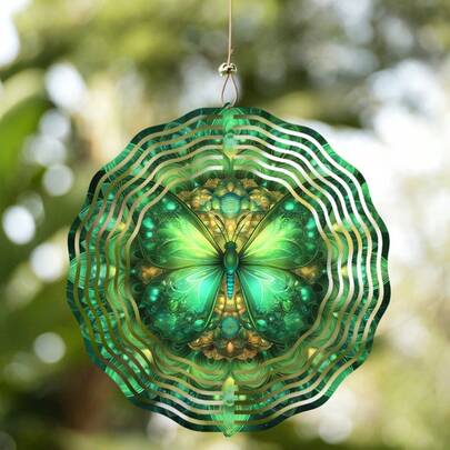 1 chiếc chuông gió xoay 3D bằng kim loại in hai mặt, thiết kế hình bướm xanh hai mặt, trang trí chuông gió sân vườn, quà Giáng sinh, trang trí ngoài trời (không bao gồm mặt dây chuyền), kiểu ngẫu nhiên.