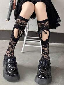 1 Pair Spring/Summer White Lace Drawstring Hollow Bowknot Leg Warmers, Japanese Lolita Goth Punk Knee High Socks With Ripped Holes And Straps, Women Transparent Butterfly Ruffle Mid-Calf Stockings, Sweet Girly Daily Date Socks - Black and White - View 11