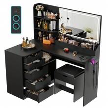 Devoko Corner Dressing Table L-Shape With Mirror, LED Lighting 3 Brightness Levels, Stool, 5 Drawers, Socket And Hairdryer Holder, White/Black - Black - View 2