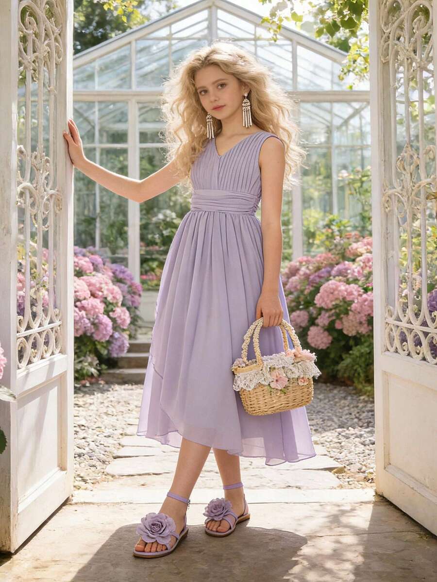 Đầm dự tiệc cưới, đầm công chúa cổ chữ V xếp nếp thanh lịch cho bé gái tuổi teen, đầm dự thi sắc đẹp, đầm sinh nhật, đầm dự lễ tốt nghiệp, đầm dạ hội. - Màu tím hoa cà - Xem 1