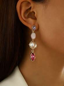 1对新款多层水钻不对称珍珠耳环，优雅时尚长款垂坠耳环，日常佩戴珍珠饰品 - 耳環 - 查看 2