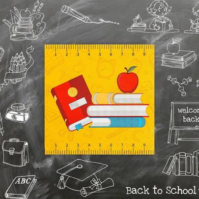 20张/40张/60张，返校主题纸巾，6.5 x 6.5英寸，尺子、刻度、书本、苹果图案，双层黄色一次性午餐纸巾，适用于开学第一天派对用品、餐桌装饰，13*13英寸