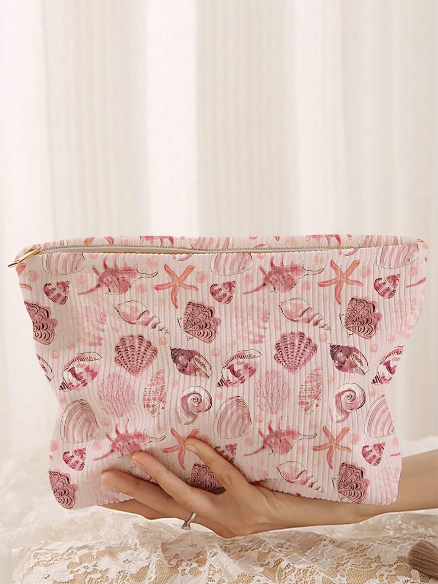 1pc Portable Cosmetic Bag, Pink Ocean Element Conch & Starfish Pattern Double-Sided Print, Zipper Travel Makeup Pouch, Multifunctional Toiletry Storage Bag - Multicolor - View 1