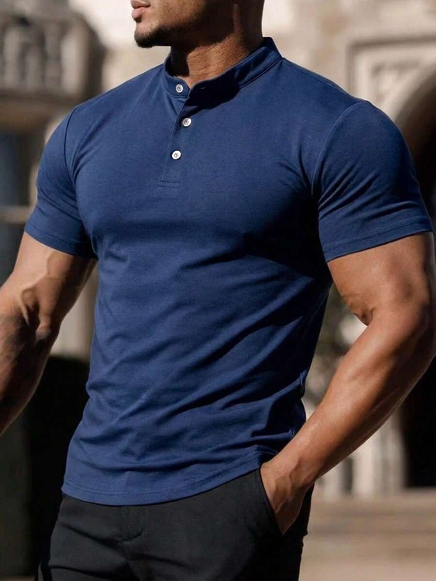 男士休闲纯色亨利领短袖T恤，夏季 - 藏蓝色 - 查看 1