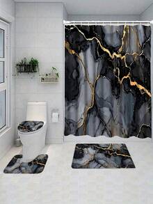 Open -1pc/4pcs Marble Pattern Shower Curtain Set, Shower Curtain Or Toilet Mat Bathroom Mat 4pcs Set, Bathroom Supplies Waterproof Shower Curtain Set With 12 Shower Curtain Hooks, Gift For Family And Friends - A - View 18