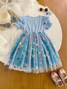 女童甜美碎花网纱短袖A字连衣裙，夏季 - 藍色 - 查看 2