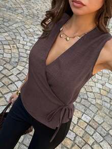 PoPoHouse 女士亚麻露背吊带性感无袖系带V领背心日常休闲办公通勤商务夏季度假外出穿搭棕色上衣 - 棕色 - 查看 7