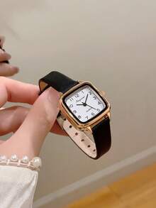 方形女士石英表 时尚复古 精致阿拉伯数字刻度 适合日常佩戴 生日/毕业礼物 - 黑色 - 查看 1