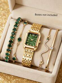 Luxury Green Fashion Ladies Watch Set: Luxury Versatile Rectangular Dial Quartz Watch, Bracelet, Necklace And Earrings Combination - Suitable For Daily Wear Or As Holiday Gift. Inlaid Diamonds, Snake-Shaped High-Grade Rhinestones, Elegant Green, Available In 1pc/5pcs Set/9pcs Set - Gold - View 3