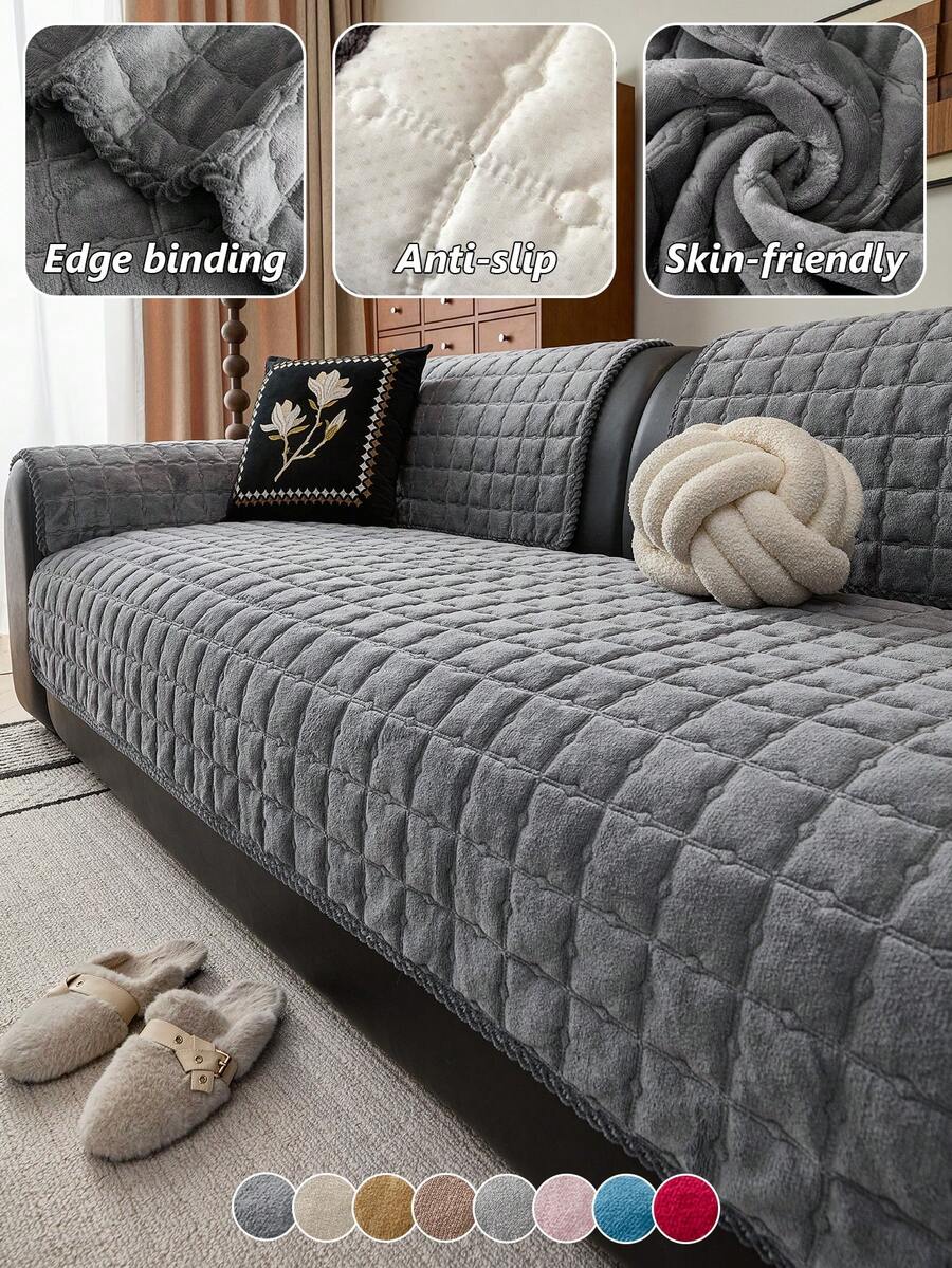 1 chiếc đệm sofa nhung sữa kẻ caro trơn, đệm ngồi dày chống trượt, phù hợp cho sofa 1-4 chỗ ngồi, đệm bảo vệ sofa có thể giặt máy quanh năm. - Màu xám đen - Xem 1