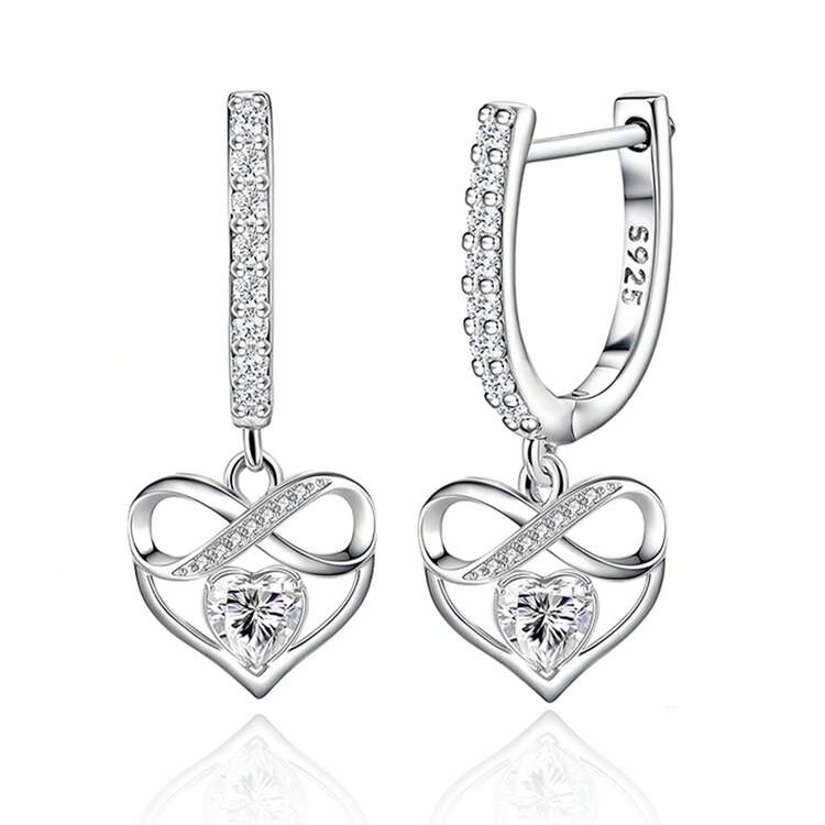 纯银防过敏女士耳环 立方氧化锆钻石耳环 爱心耳环 时尚精致耳环 生日礼物 - 銀色 - 查看 1
