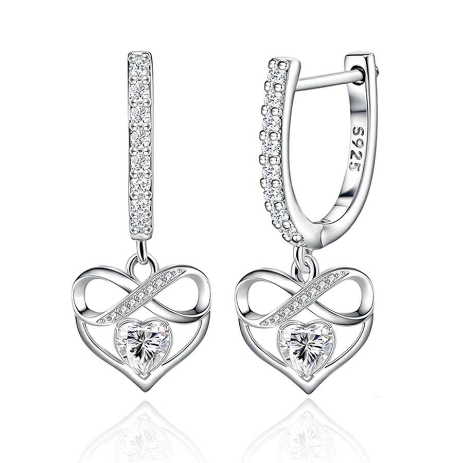 纯银防过敏女士耳环 立方氧化锆钻石耳环 爱心耳环 时尚精致耳环 生日礼物 - 銀色 - 查看 1