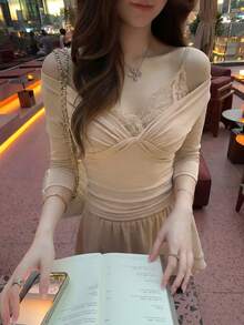 Twist Knot Halter Sexy Lace Hollow Out Layered Long Sleeve Crop Top Undershirt Summer - Khaki - View 3