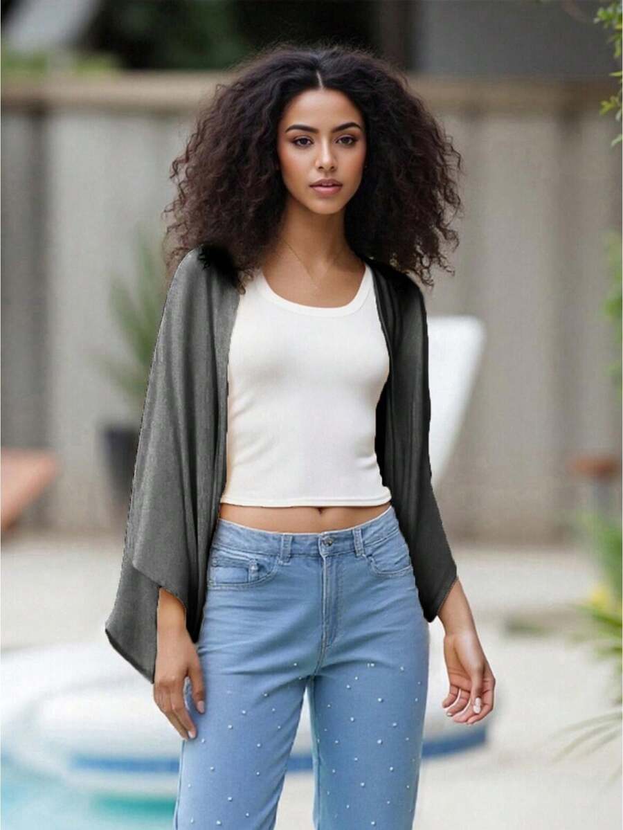 Long Sleeve Summer Knit Shrug, Breathable Lightweight Open Front Bolero, Solid Color Beach Vacation Cover Up, Minimalist Chic Shoulder Shrug - 黑色 - 查看 1