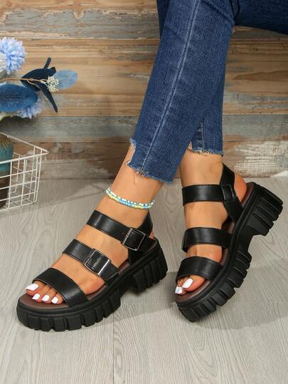 女士舒适透气厚底镂空厚跟复古休闲编织罗马凉鞋