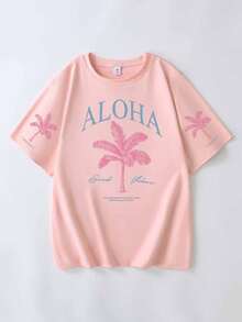 T-shirt décontracté à col rond et manches courtes pour femmes, nouveau pour le printemps/été, imprimé slogan palmier, style de vacances à la mode, votre article essentiel quotidien. T-shirt graphique, Top rose, voyage de vacances - Rose bonbon - Voir 3