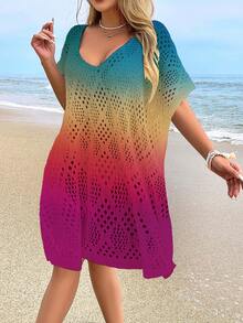 女士沙滩罩衫，时尚休闲镂空印花泳衣罩衫（不含泳衣） - 彩色 - 查看 1