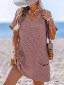 Swimsuit Coverup For Women Waffle Knit V Neck Short Sleeve Beach Coverup Dress With Pockets - Màu hồng đậm - Xem 3