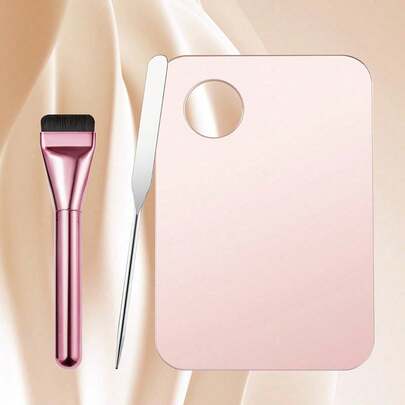 3件套不锈钢化妆调色盘套装，含刮刀和粉底刷，化妆品混合工具，用于混合粉底、指甲油、眼影、颜料等。