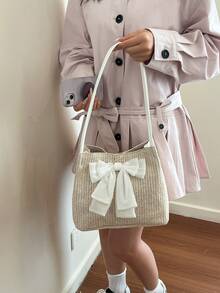 Large Capacity Woven Bag With Bow, Fashionable Straw Tote Bag, Summer Trending Shoulder Beach Bag - White - View 4